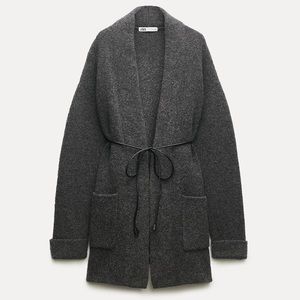 ZARA WOOL BLEND BELTED CROPPED KNIT COAT